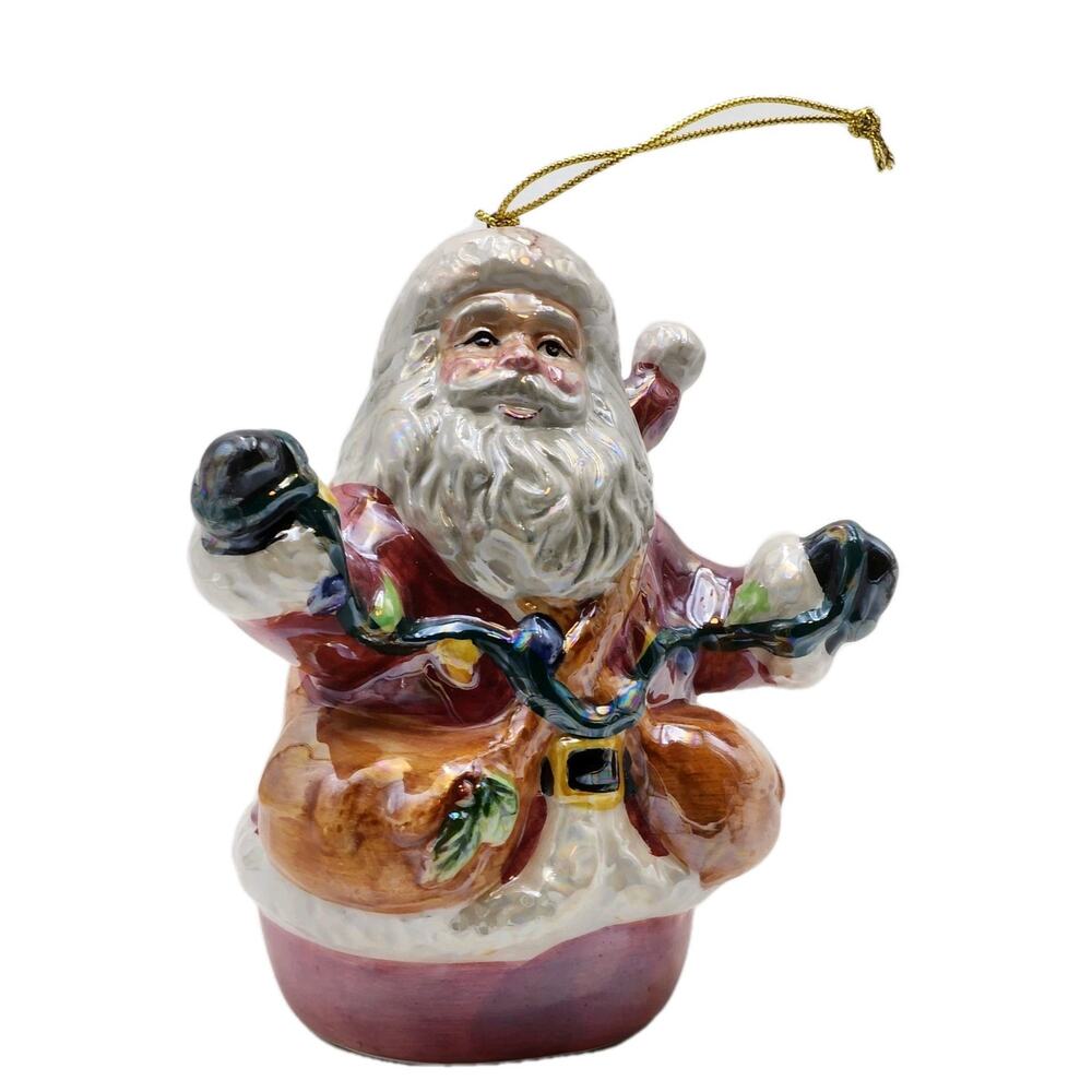 Iridescent Glazed Ceramic Santa Claus & String Of Christmas Lights Ornament VTG